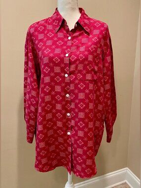 Liz Claiborne Red Bandana Blouse Womens L Western Boho Button Shirt